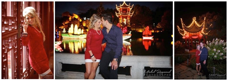 Couple après le mariage aux lanternes du jardin de chine