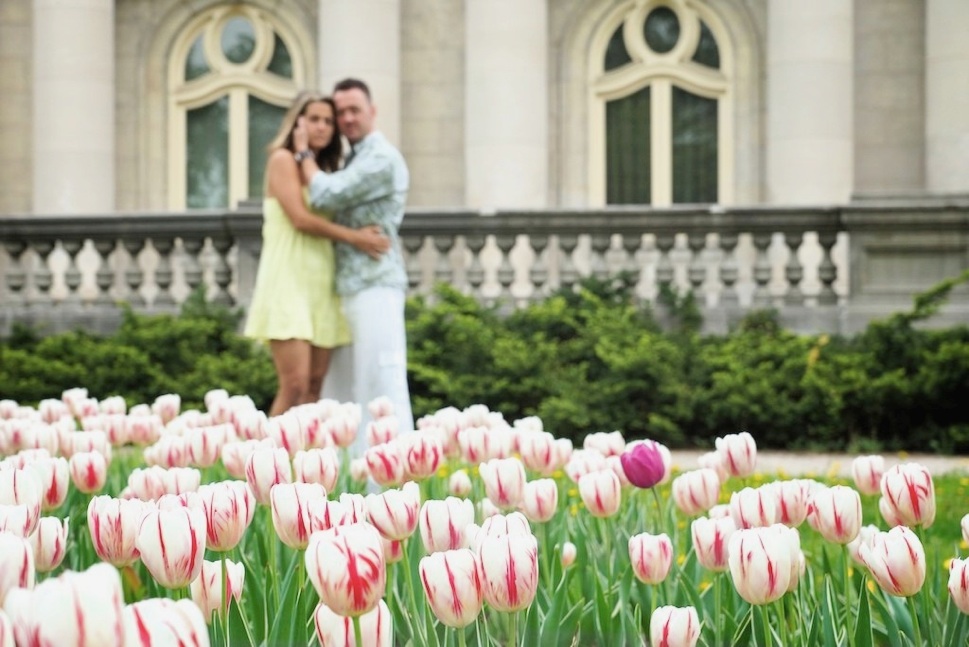 couple devant les tulipes du chateau dufresne