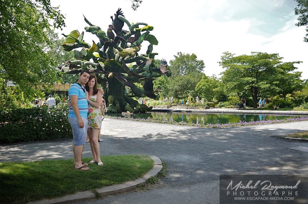 Couple devant l'arbre aux oiseaux des mosaïculture du Jardin botanique de Montréal